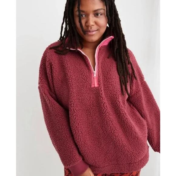 aerie Tops - Aerie Women’s Comfort Dream Sherpa Quarter‎ Zip Pullover Sweatshirt Size S Pink